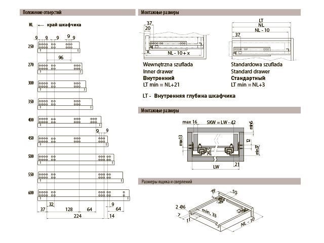Направляющие MODERN SLIDE L-450 полного выдвижения для деревянных ящиков с выталкивателем (Push to open)