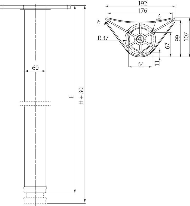Опора 60х710 "innovo" с верхним креплением, алюминий